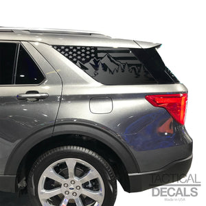 USA Distressed Flag w/Mountains Decal for 2020- 2024 Ford Explorer 3rd Windows - Matte Black