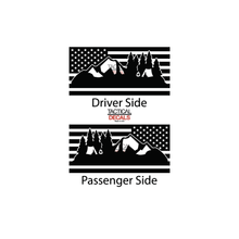 Load image into Gallery viewer, USA Flag w/ Mountain Camping Scene Decal for 2022-2024 Jeep Grand Wagoneer 3rd Windows - Matte Black
