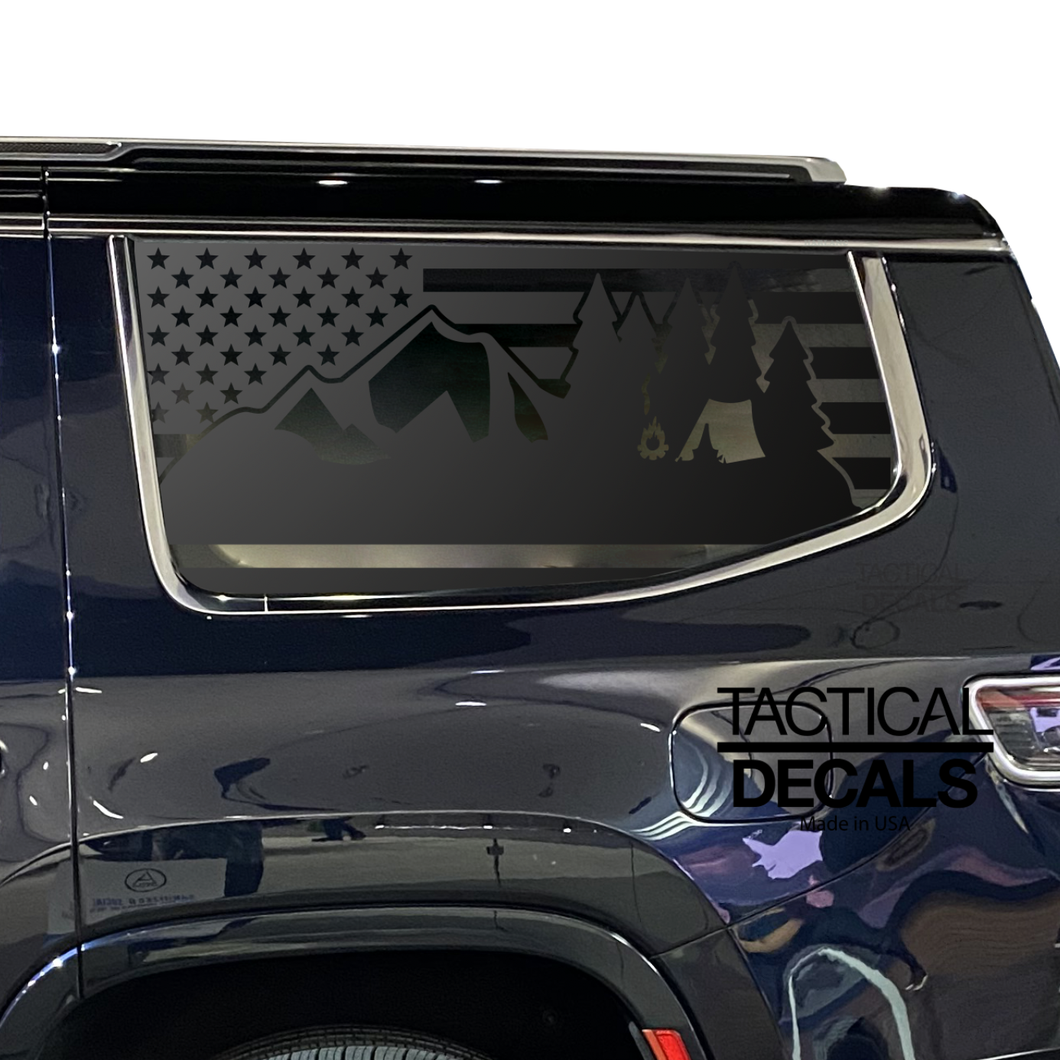 USA Flag w/ Mountain Camping Scene Decal for 2022-2024 Jeep Grand Wagoneer 3rd Windows - Matte Black