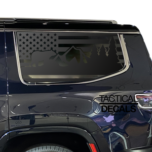 USA Flag w/ Mountain Bear Scene Decal for 2022-2024 Jeep Grand Wagoneer 3rd Windows - Matte Black