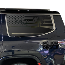Load image into Gallery viewer, USA Flag w/ Beach Palm Tree Scene Decal for 2022-2024 Jeep Grand Wagoneer 3rd Windows - Matte Black
