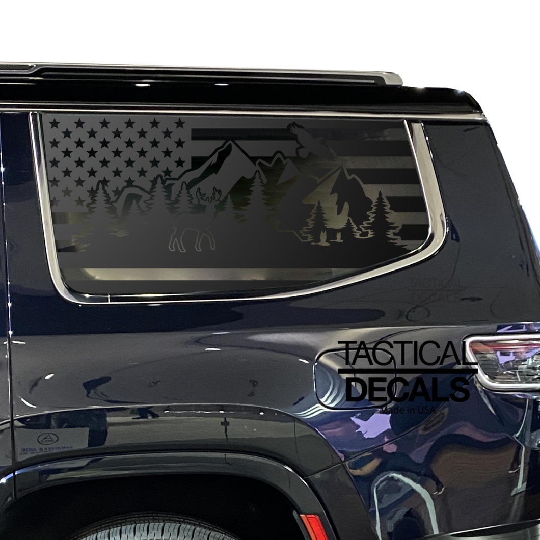 USA Flag w/ Wildlife Outdoor Mountain Scene Decal for 2022-2024 Jeep Grand Wagoneer 3rd Windows - Matte Black