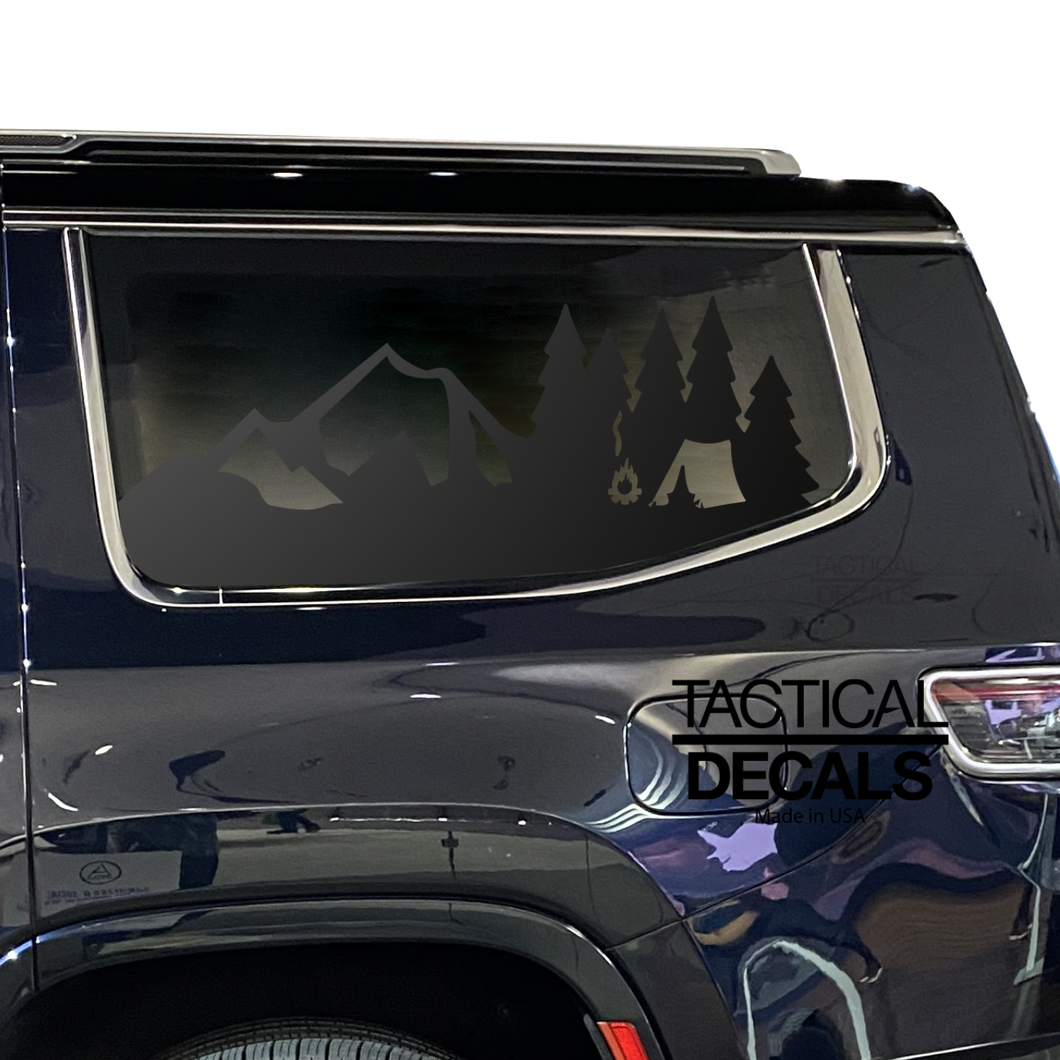 Mountain Camping Scene Decal for 2022-2024 Jeep Grand Wagoneer 3rd Windows - Matte Black