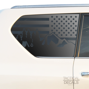 USA Flag w/ Camping site Scene Decal for 2010-2023 Lexus GX460 3rd Windows - Matte Black