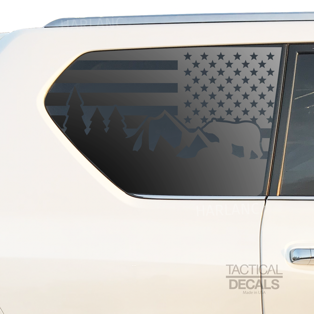 USA Flag w/ Mountain Outdoor bear Scene Decal for 2010-2023 Lexus GX460 3rd Windows - Matte Black