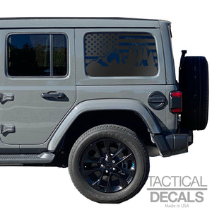 USA Flag w/Camping Mountain scene Decal for 2007 - 2023 Jeep Wrangler 4 Door only - Hardtop Windows - Matte Black