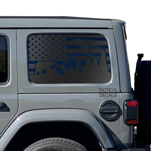USA Flag w/Mountain Bear scene Decal for 2007 - 2023 Jeep Wrangler 4 Door only - Hardtop Windows - Matte Black