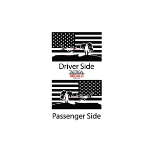 USA Flag w/ Beach Palm Tree scene Decal for 2007 - 2023 Jeep Wrangler 4 Door only - Hardtop Windows - Matte Black