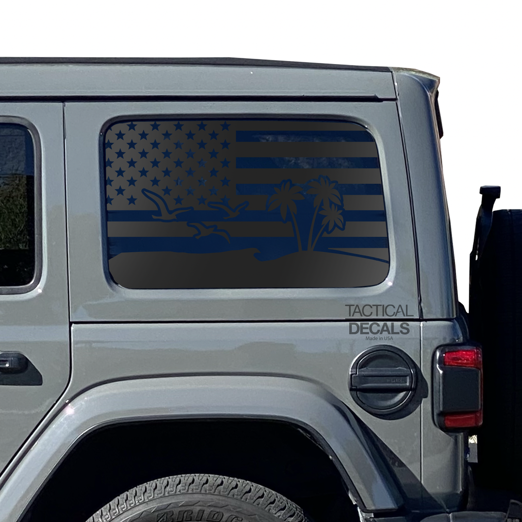 USA Flag w/ Beach Palm Tree scene Decal for 2007 - 2023 Jeep Wrangler 4 Door only - Hardtop Windows - Matte Black
