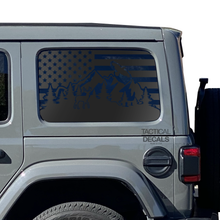 Load image into Gallery viewer, USA Flag w/Wildlife Mountain scene Decal for 2007 - 2023 Jeep Wrangler 4 Door only - Hardtop Windows - Matte Black
