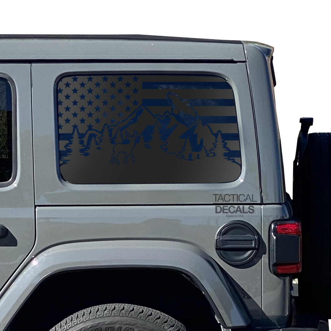 USA Flag w/Wildlife Mountain scene Decal for 2007 - 2023 Jeep Wrangler 4 Door only - Hardtop Windows - Matte Black