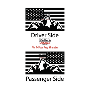 USA Flag with Mountain Scene Decal for 2007 - 2023 Jeep Wrangler 4 Door only - Hardtop Windows - Matte Black