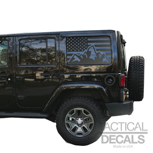 USA Flag with Mountain Scene Decal for 2007 - 2023 Jeep Wrangler 4 Door only - Hardtop Windows - Matte Black