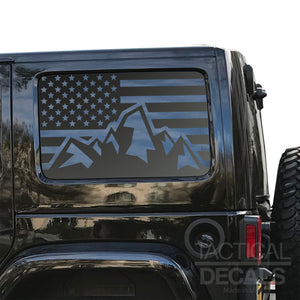 USA Flag with Mountain Scene Decal for 2007 - 2023 Jeep Wrangler 4 Door only - Hardtop Windows - Matte Black