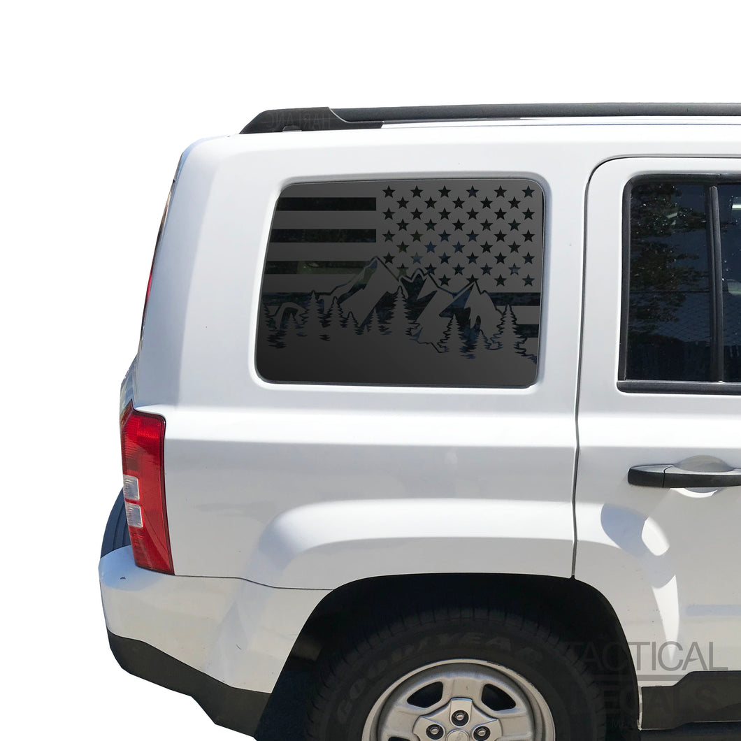 USA Flag with Mountain Scene Decal for 2011 - 2017 Jeep Patriot Windows - Matte Black