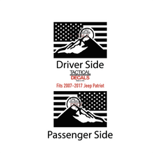 Load image into Gallery viewer, USA Flag with Mountain Scene Decal for 2011 - 2017 Jeep Patriot Windows - Matte Black
