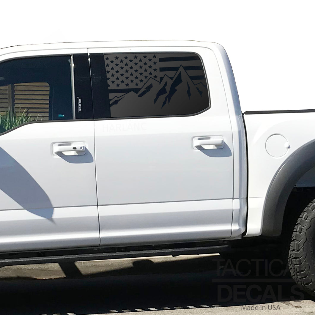 USA American Flag w/ Mountain Scene Decal for 2015- 2020 Ford F-150 Windows - Matte Black