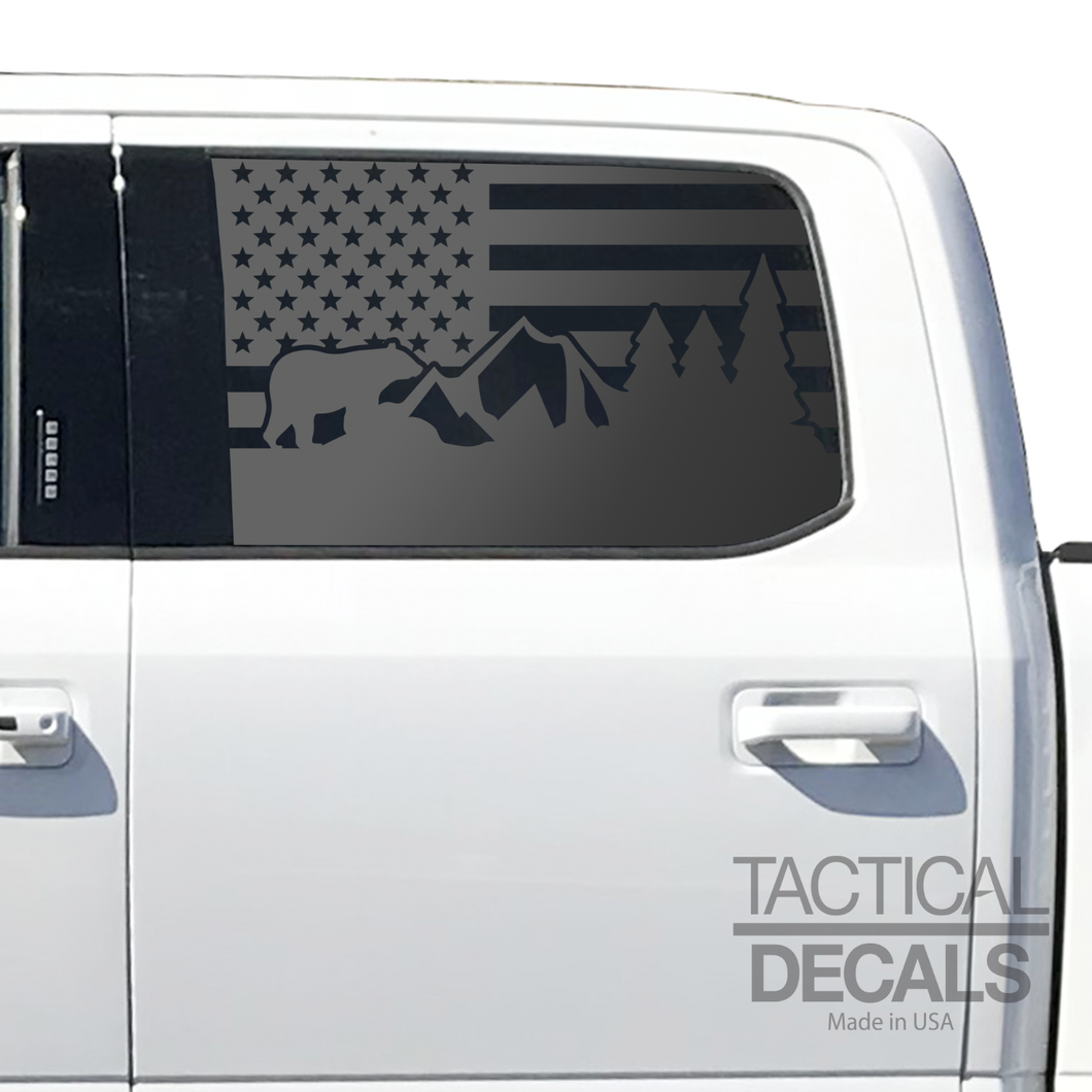 Bear Outdoor Scene w/ USA Flag Decal for 2015- 2020 Ford F-150 Windows - Matte Black