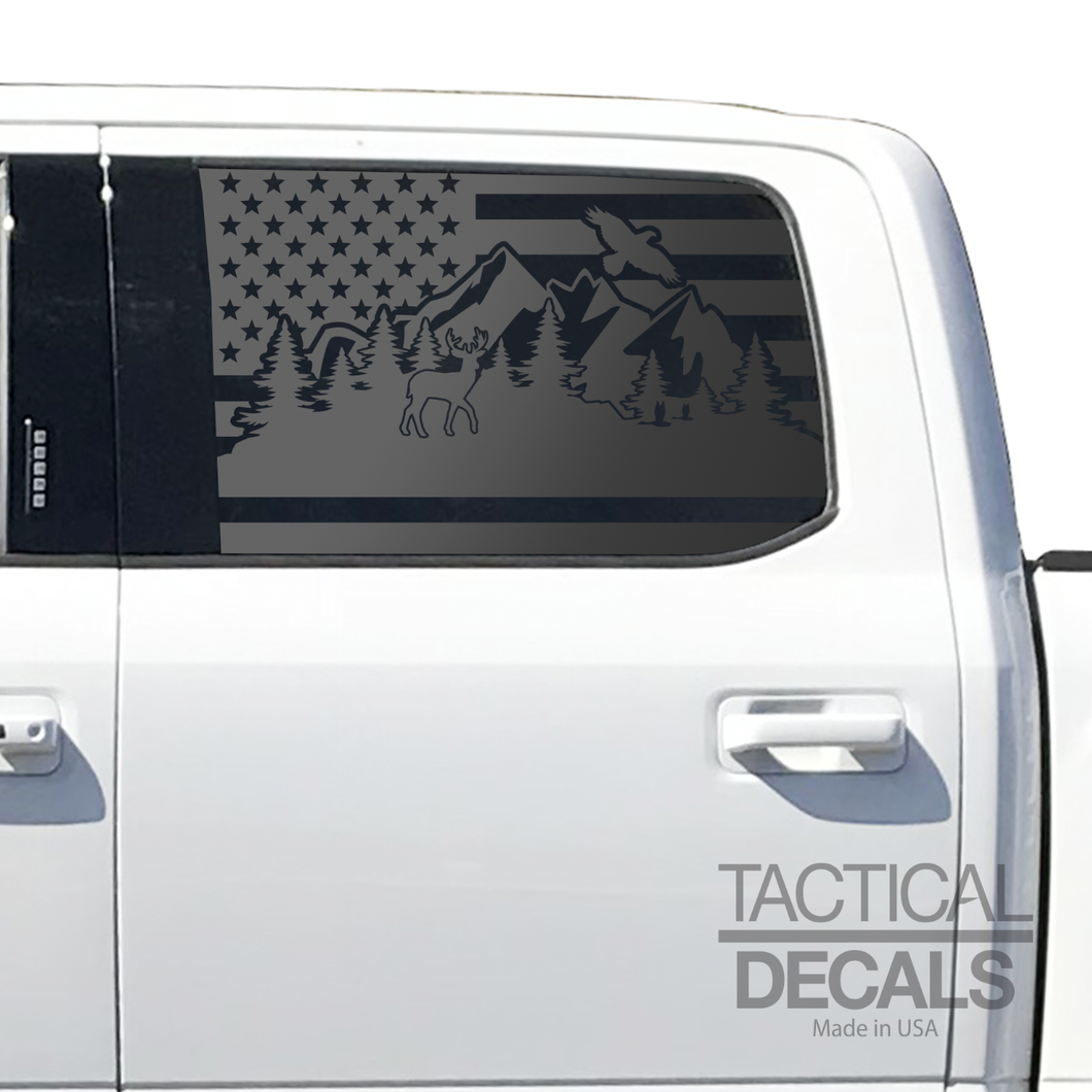 Wildlife Outdoor Scene w/ USA Flag Decal for 2015- 2020 Ford F-150 Windows - Matte Black