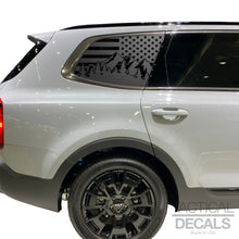 Load image into Gallery viewer, USA Flag w/ Mountain Scene Decals - Fits 2022-2024 Kia Telluride Back Side Window - Matte Black

