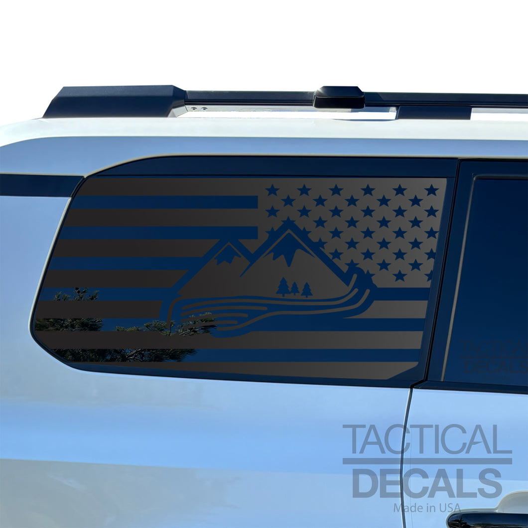 USA Flag with Mountain Scene Decal for 2024-2025 Toyota Land Cruiser 3rd Windows - Matte Black