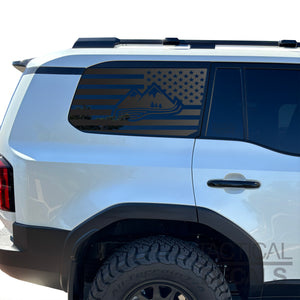 USA Flag with Mountain Scene Decal for 2024-2025 Toyota Land Cruiser 3rd Windows - Matte Black
