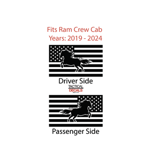 USA Flag w/Horse Decal for 2019-2024 Ram 1500 Rebel Rear Door Windows - Matte Black