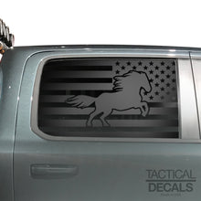 Load image into Gallery viewer, USA Flag w/Horse Decal for 2019-2024 Ram 1500 Rebel Rear Door Windows - Matte Black
