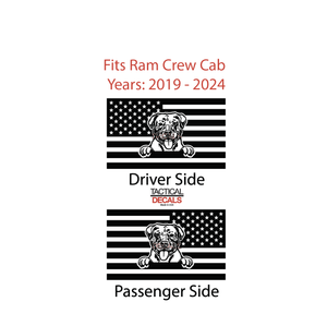 USA Flag w/Pit Bull Dog(K9) Decal for 2019-2024 Ram 1500 Rebel Rear Door Windows - Matte Black