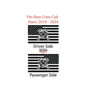 USA Flag w/Bulldog(K9) Decal for 2019-2024 Ram 1500 Rebel Rear Door Windows - Matte Black