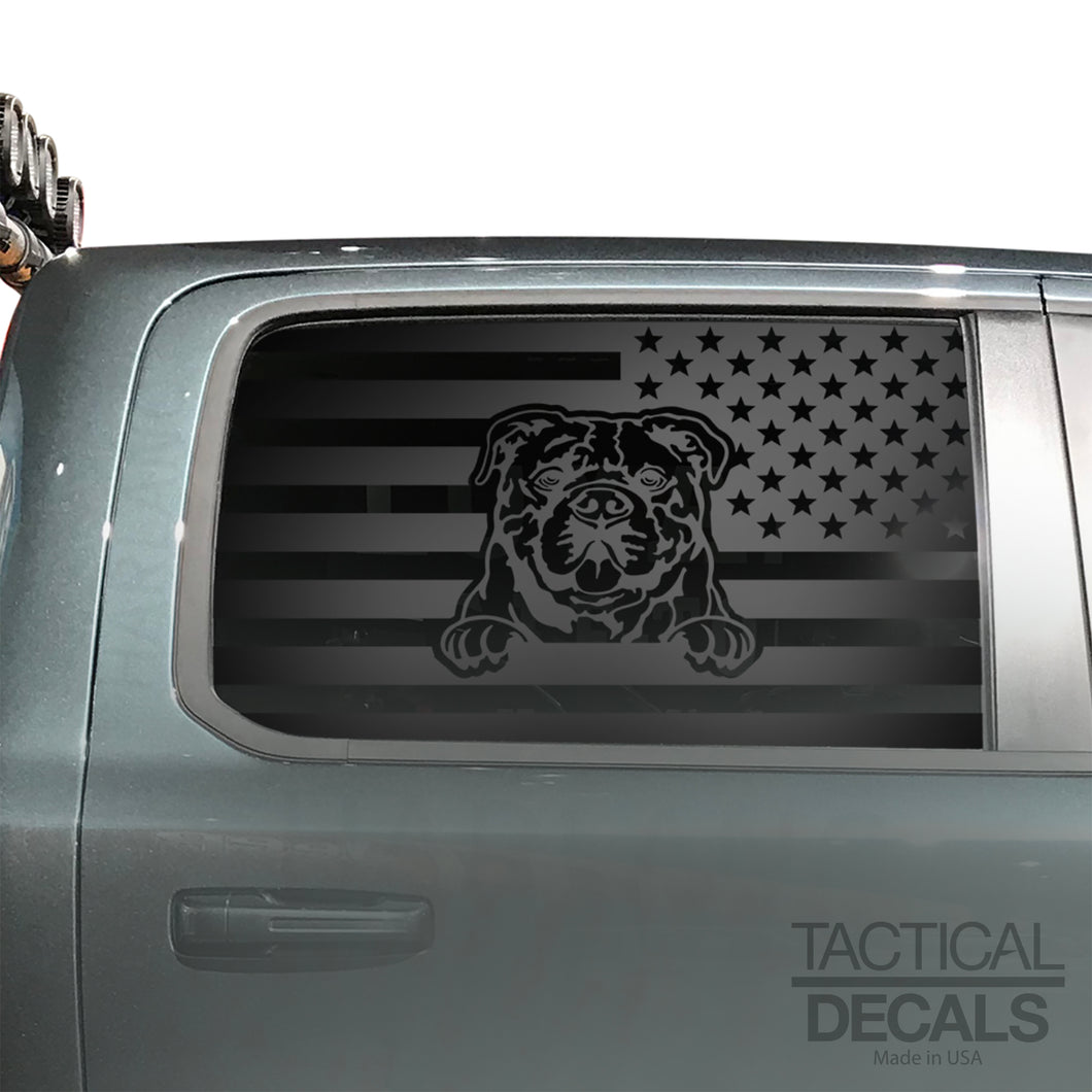 USA Flag w/Bulldog(K9) Decal for 2019-2024 Ram 1500 Rebel Rear Door Windows - Matte Black