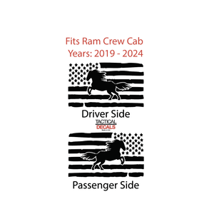 Distressed USA Flag w/Horse Decal for 2019-2025 Ram 1500 Rebel Rear Door Windows - Matte Black