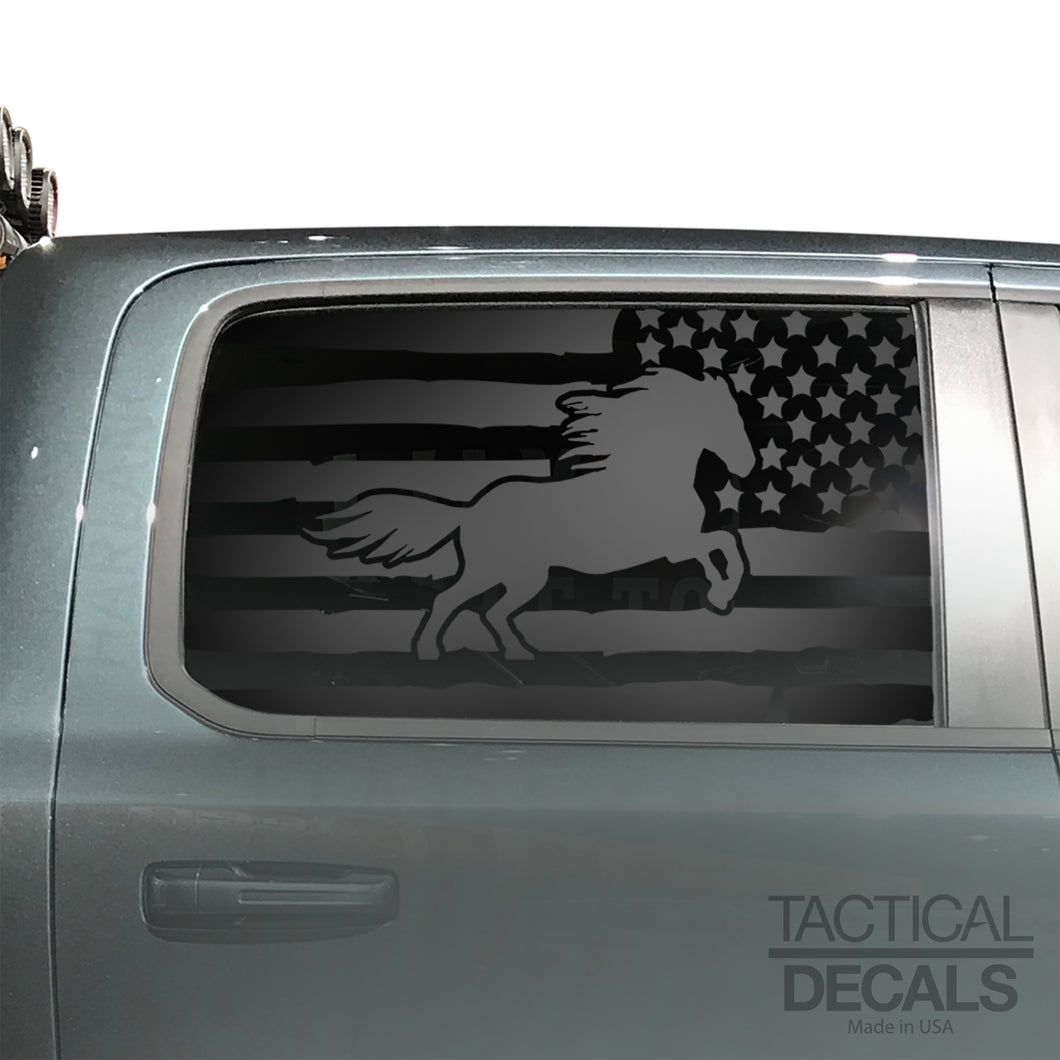 Distressed USA Flag w/Horse Decal for 2019-2024 Ram 1500 Rebel Rear Door Windows - Matte Black