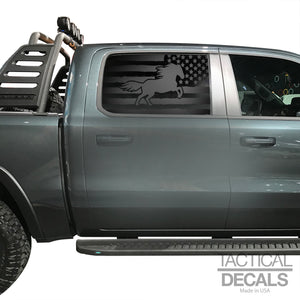 Distressed USA Flag w/Horse Decal for 2019-2025 Ram 1500 Rebel Rear Door Windows - Matte Black