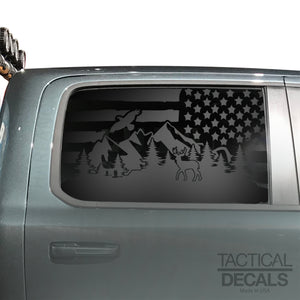 Distressed USA Flag w/Wildlife Decal for 2019-2024 Ram 1500 Rebel Rear Door Windows - Matte Black