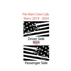 Distressed USA Flag Decal for 2019-2024 Ram 1500 Rebel Rear Door Windows - Matte Black