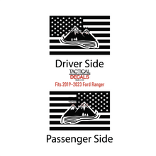 Load image into Gallery viewer, USA Flag with Mountain Scene Decal for 2019 - 2023 Ford Ranger Rear Door Windows - Matte Black
