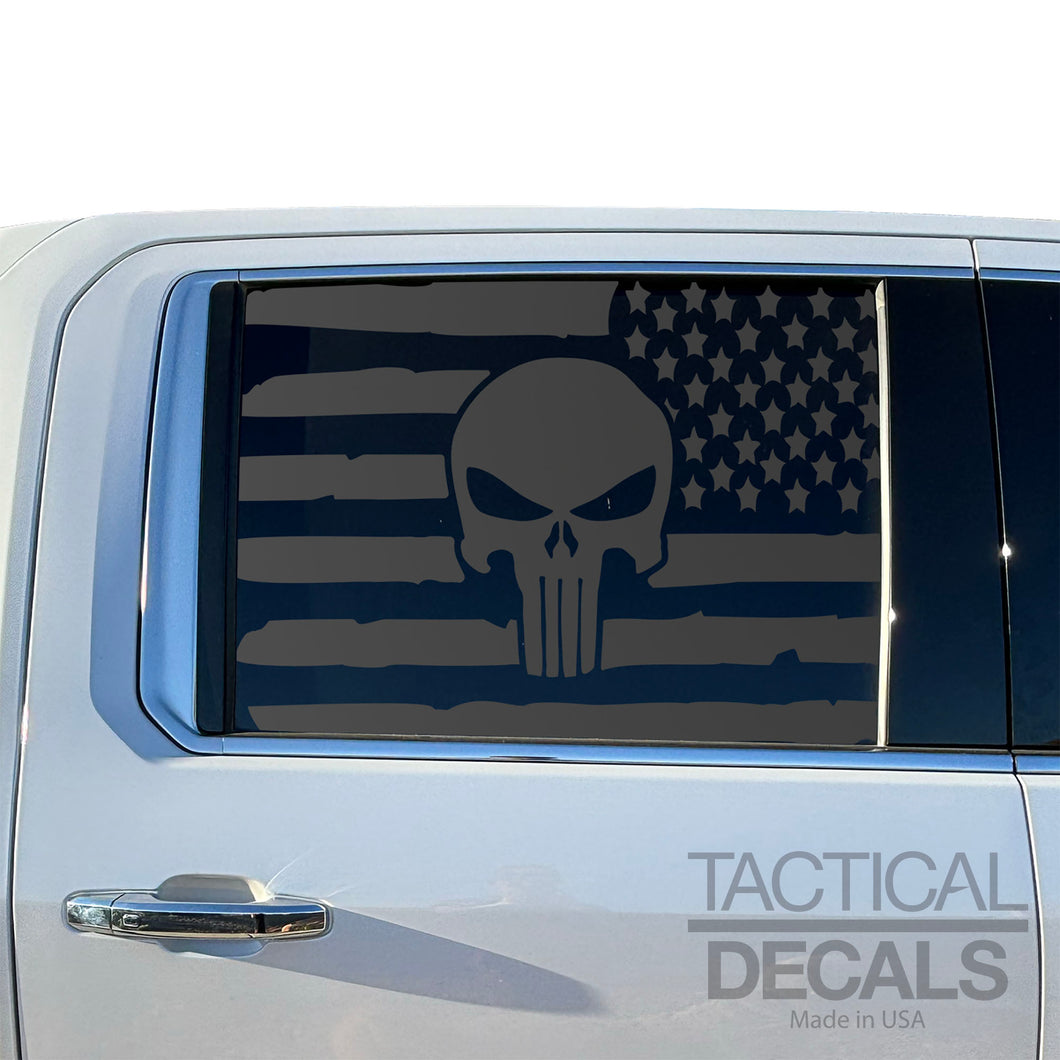 USA Flag Decal with Skull for 2019-2025 Chevy Silverado Rear Window - Matte Black
