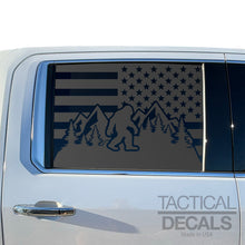Load image into Gallery viewer, USA Flag Decal with Sasquatch for 2019-2025 Chevy Silverado Rear Window - Matte Black
