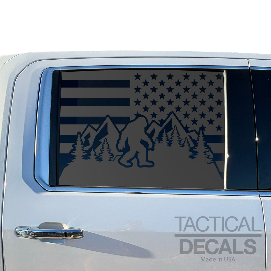USA Flag Decal with Sasquatch for 2019-2025 Chevy Silverado Rear Window - Matte Black