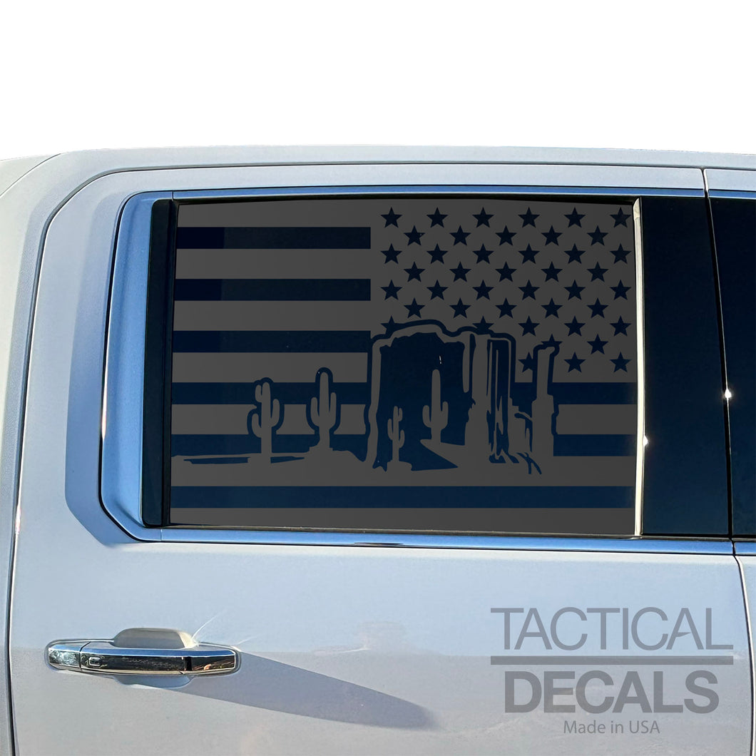 USA Flag Decal with Arizona Desert Scene for 2019-2025 Chevy Silverado Rear Window - Matte Black