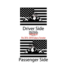 Load image into Gallery viewer, USA Flag decal with outdoor mountains Decal for 2014 - 2018 Subaru Forester Windows - Matte Black
