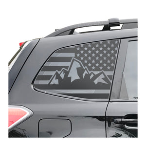 USA Flag decal with outdoor mountains Decal for 2014 - 2018 Subaru Forester Windows - Matte Black