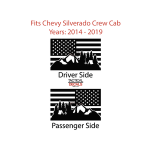 USA Flag w/Camping Outdoor Scene Decal for 2014-2019 Chevy Silverado Rear Door Windows - Matte Black