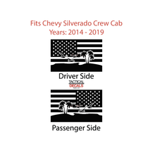 Load image into Gallery viewer, USA Flag w/Beach Scene Decal for 2014-2019 Chevy Silverado Rear Door Windows - Matte Black
