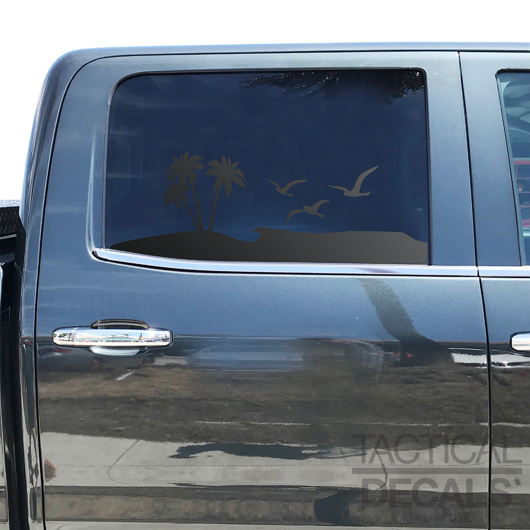 Tropical Beach Scene Decal for 2014-2019 Chevy Silverado Rear Door Windows - Matte Black