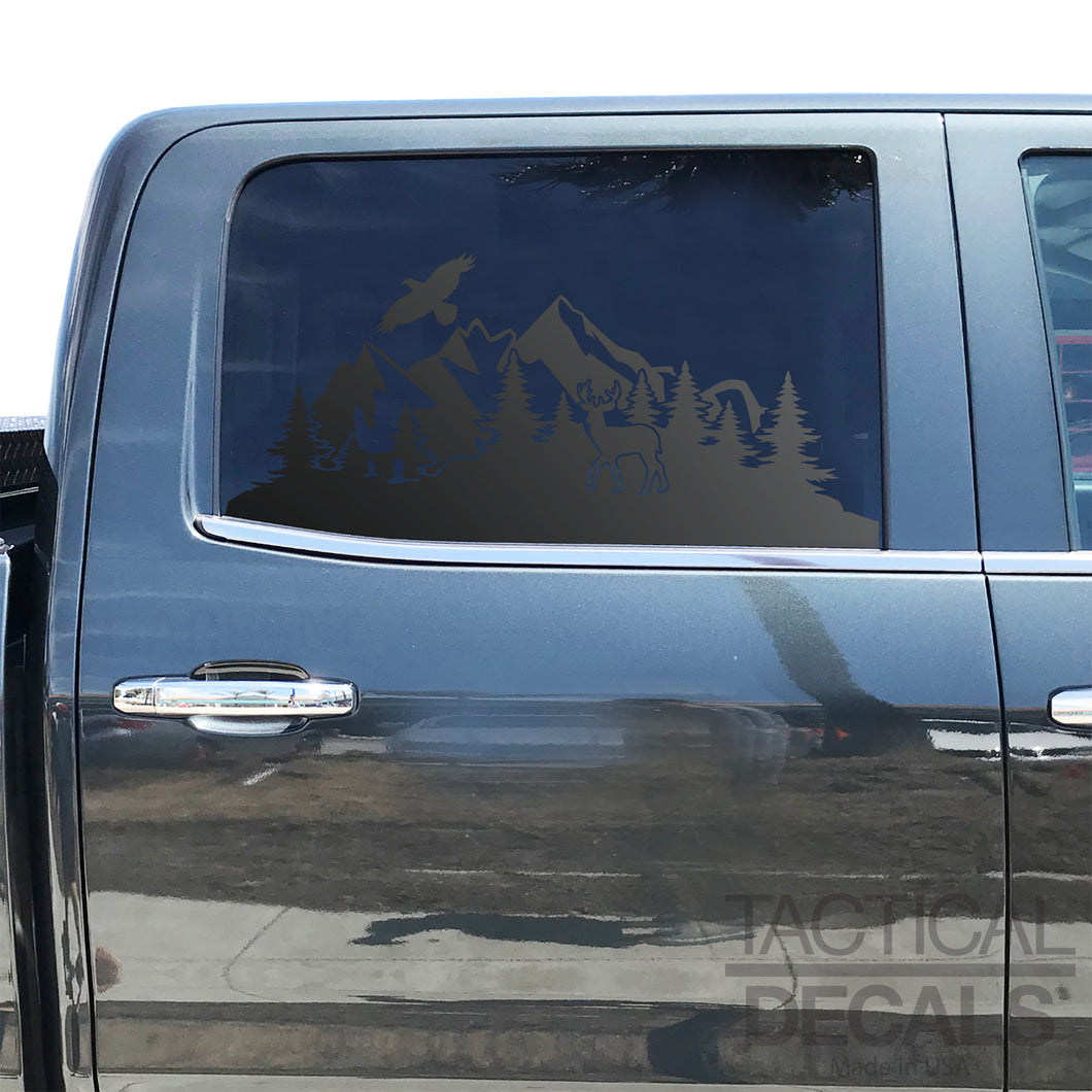 Wildlife Mountain Scene Decal for 2014-2019 Chevy Silverado Rear Door Windows - Matte Black