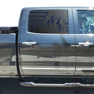 USA Flag w/ Mountain Scene Decal for 2014-2019 Chevy Silverado Rear Door Windows - Matte Black