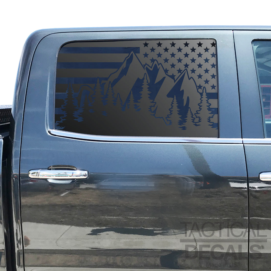 USA Flag w/ Mountain Scene Decal for 2014-2019 Chevy Silverado Rear Door Windows - Matte Black