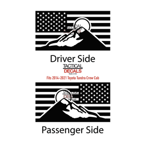 USA Flag with Mountain Scene Decal for 2014 - 2021 Toyota Tundra Crew Max Rear Door Windows - Matte Black